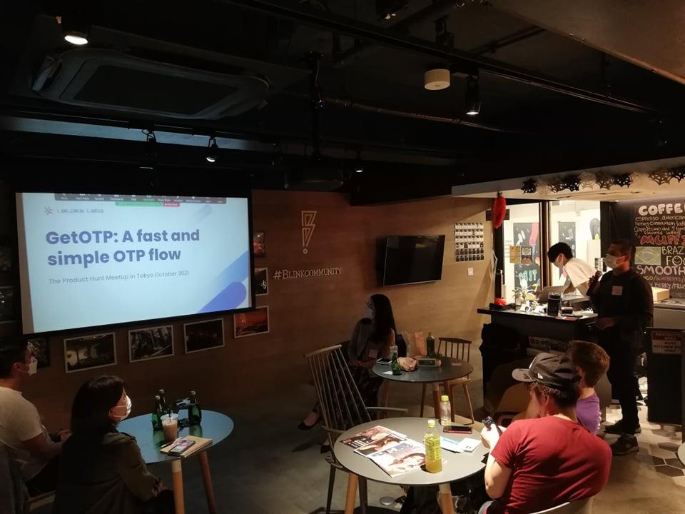 Iqbal pitching GetOTP to the Product Hunt meetup crowd